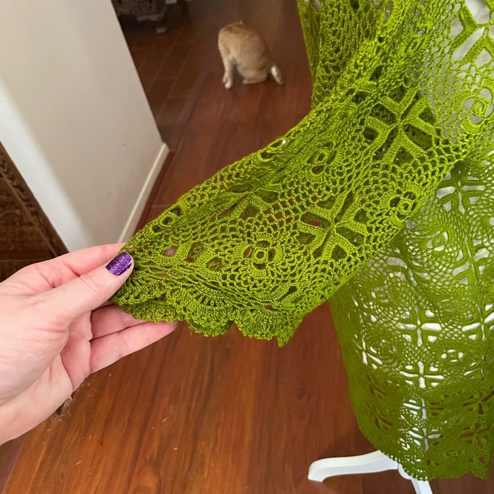 Unbranded green floral crochet tunic long top lace MEDIUM sheer short sleeve - Picture 9 of 13